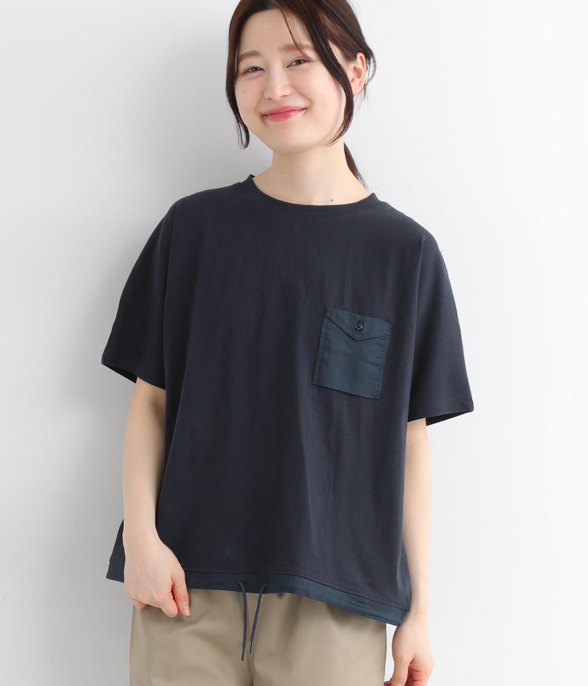 リサイクルコットン天竺 裾ドロストプルオーバー(ネイビー-ONESIZE)