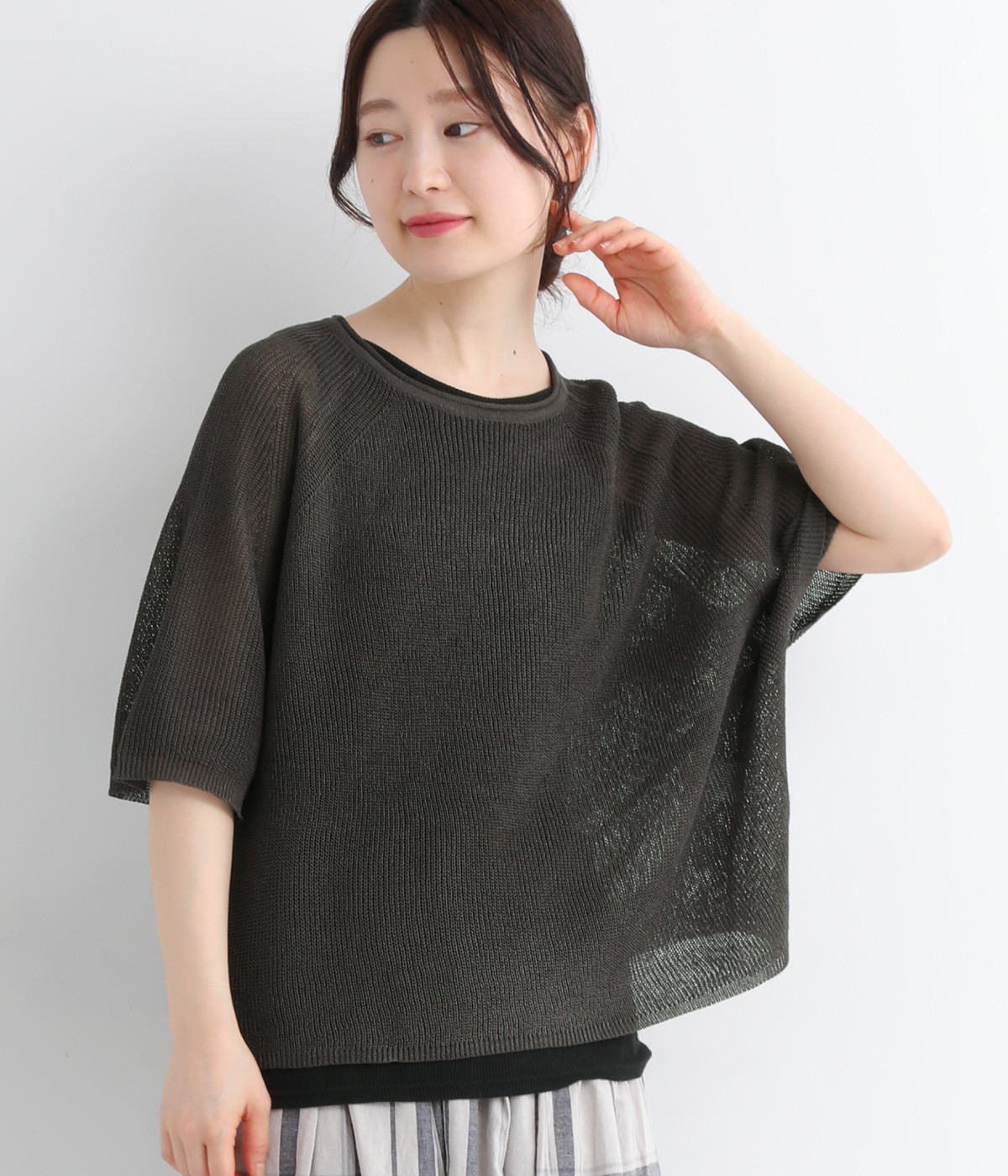 リネンライク ワイドニットプルオーバー(チャコール-ONESIZE)