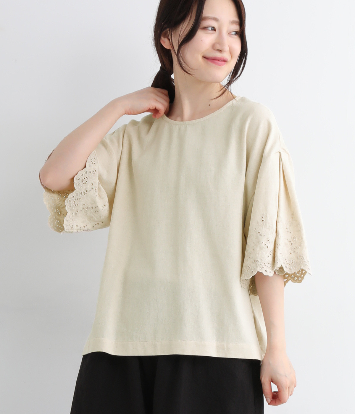 コットンリネン スカラップ刺繍ブラウス(麻ベージュ-ONESIZE)