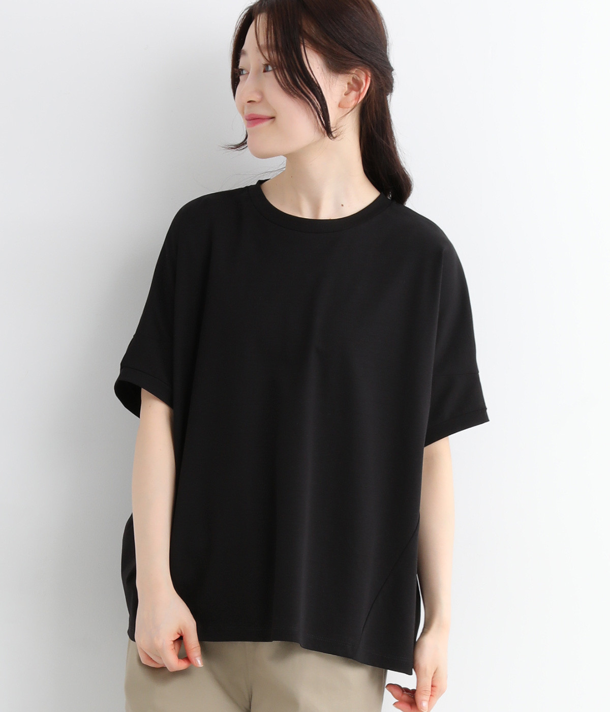 強撚スムース 切替ワイドTシャツ(ブラック-ONESIZE)
