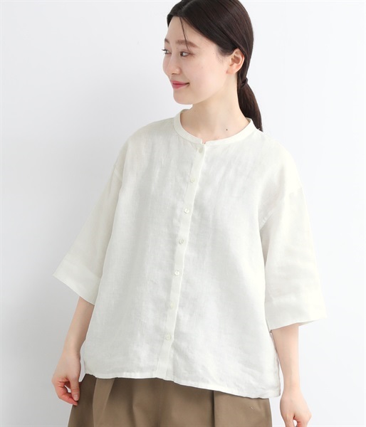 リネン バンドカラー6分袖ブラウス(オフ-ONESIZE)