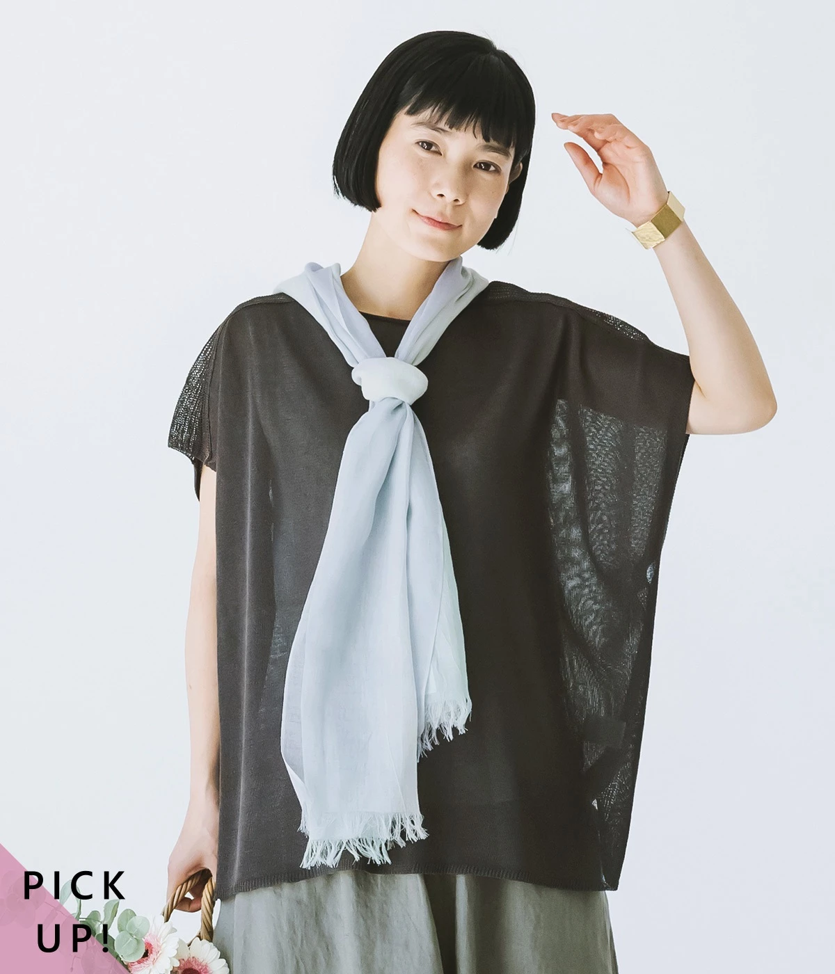 リネンライク ワイドニットベスト(チャコール-ONESIZE)