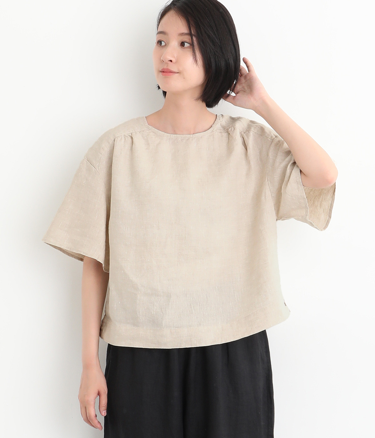 リネン バックリボンギャザーブラウス(麻ベージュ-ONESIZE)