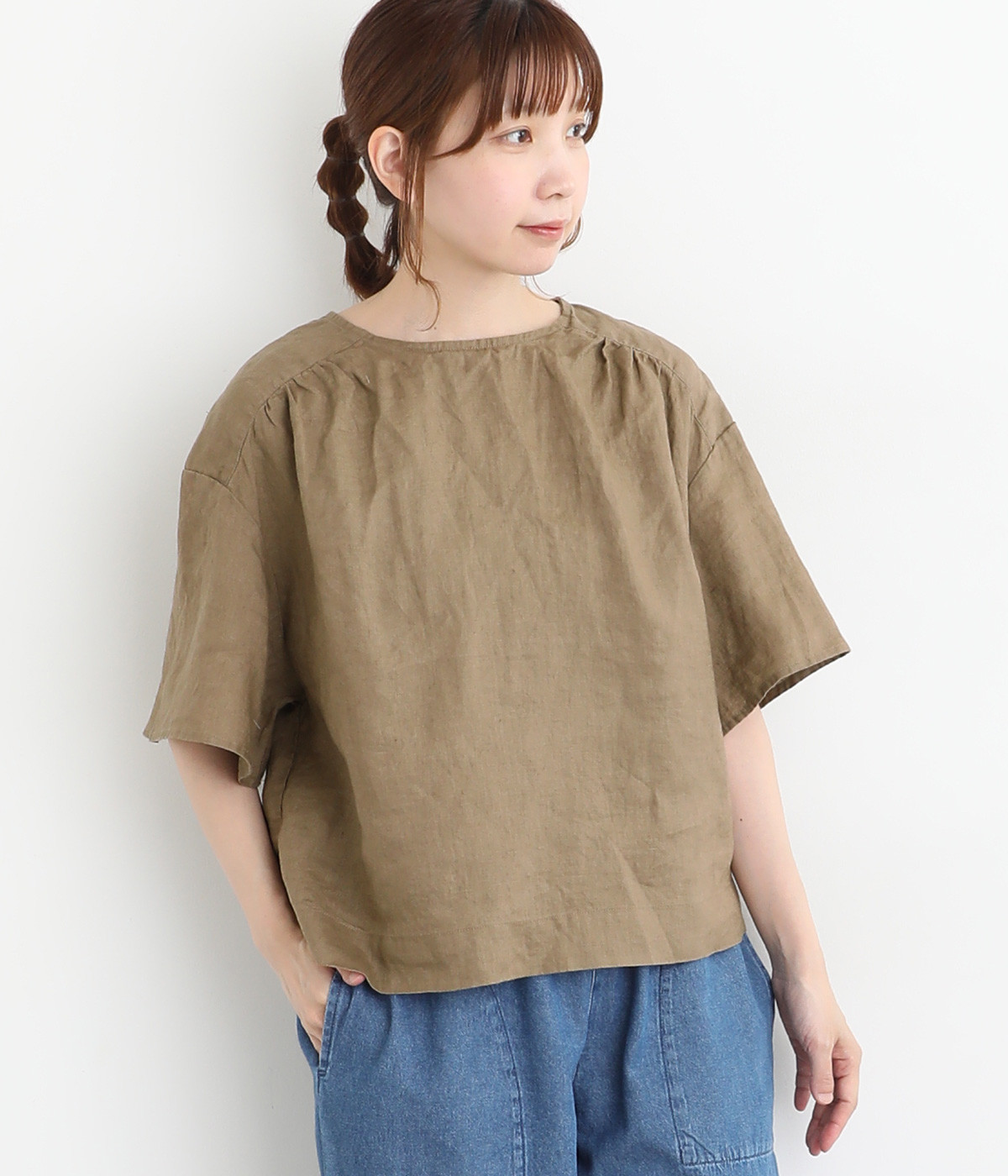リネン バックリボンギャザーブラウス(モカ-ONESIZE)