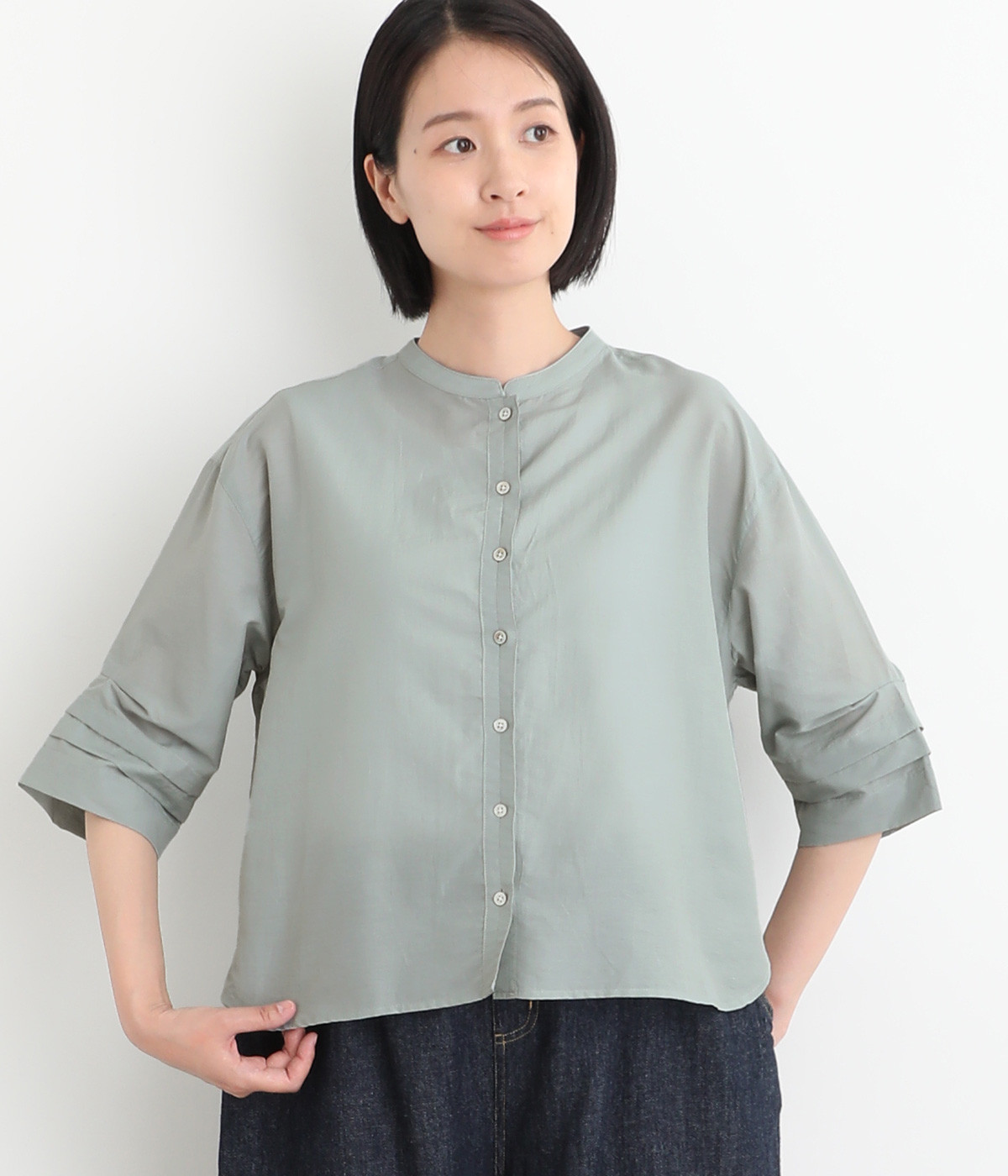 コットンナイロン バンドカラータック袖ブラウス(サックス-ONESIZE)