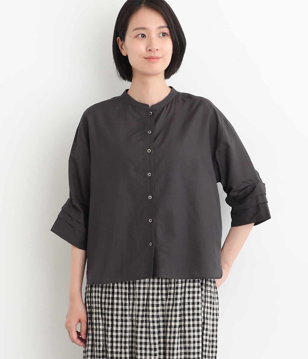 コットンナイロン バンドカラータック袖ブラウス(チャコール-ONESIZE)
