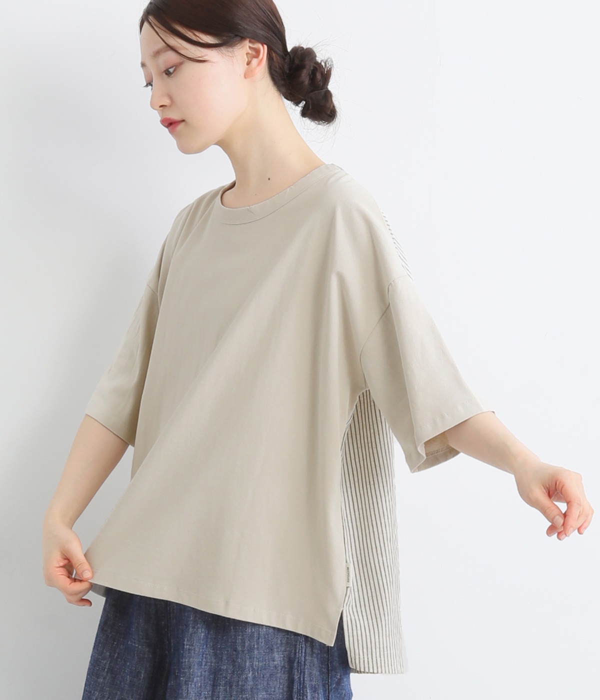 リサイクルコットン天竺異素材コンビＴシャツ(ベージュ-M)