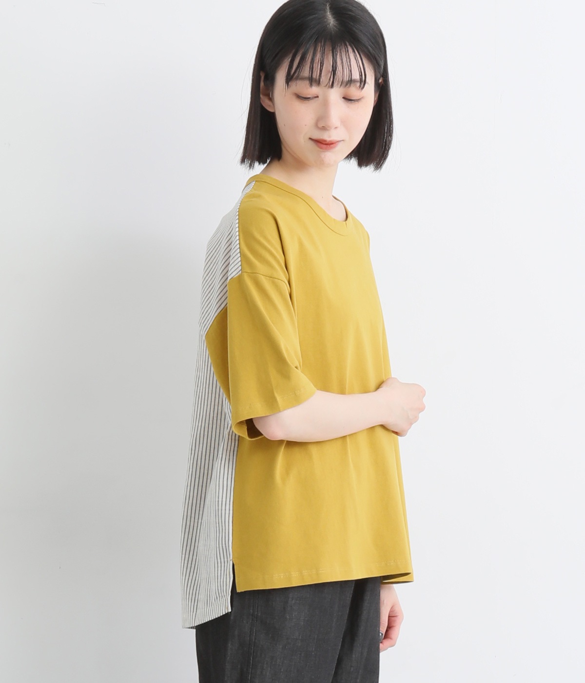 リサイクルコットン天竺異素材コンビＴシャツ(マスタード-M)