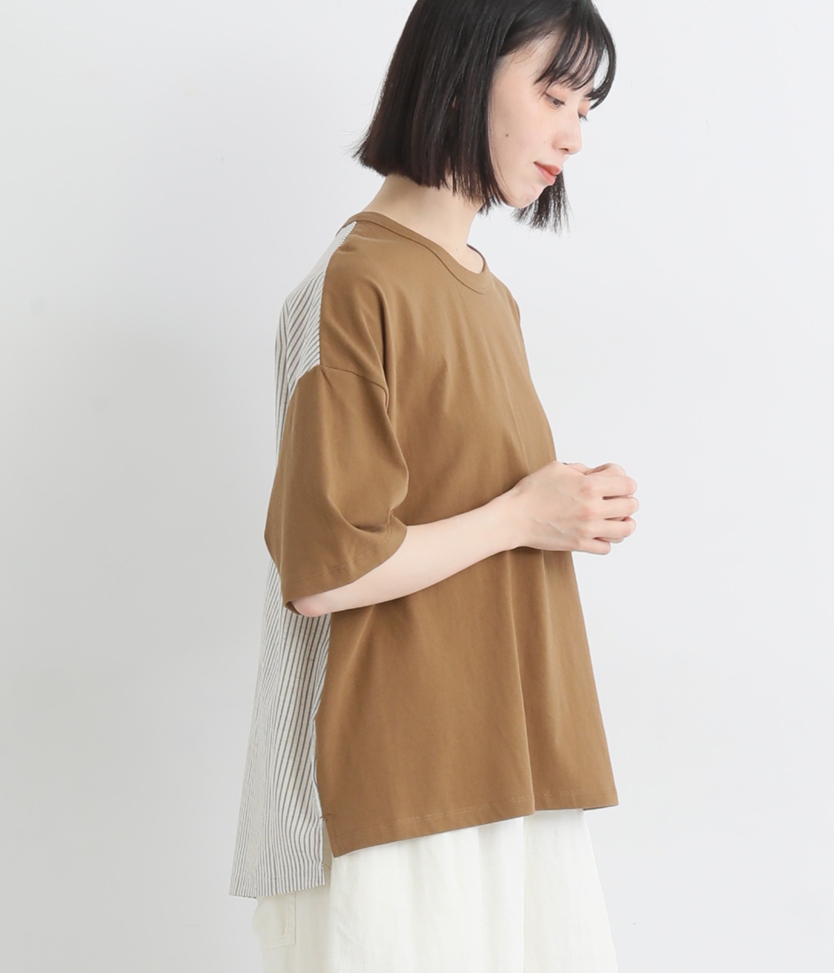 リサイクルコットン天竺異素材コンビＴシャツ(ブラウン-M)