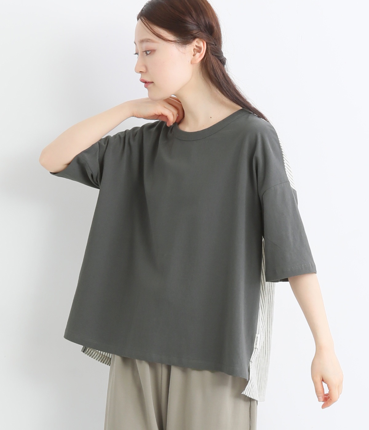 リサイクルコットン天竺異素材コンビＴシャツ(チャコール-M)