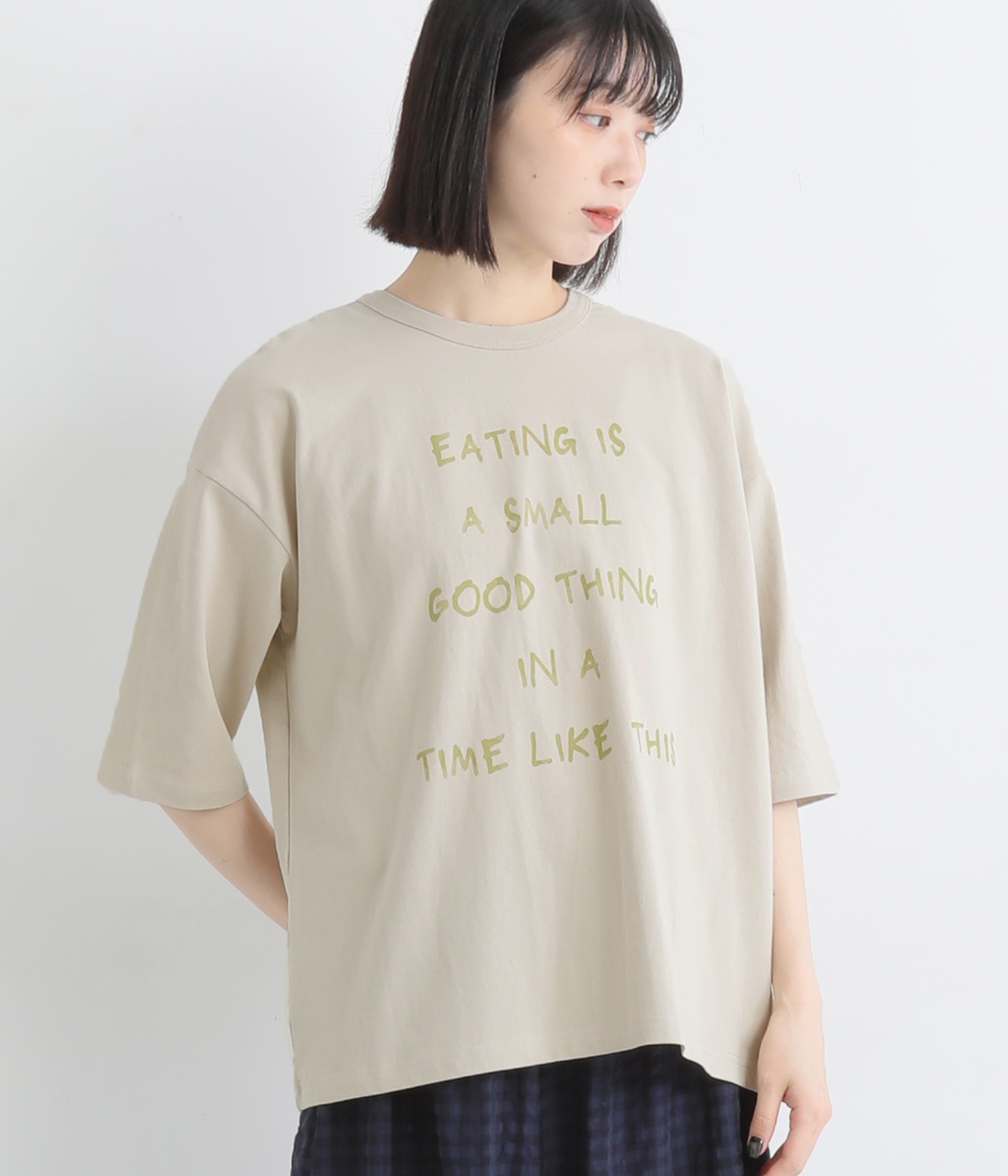 リサイクルコットン天竺ロゴプリントＴシャツ2(ベージュ-M)