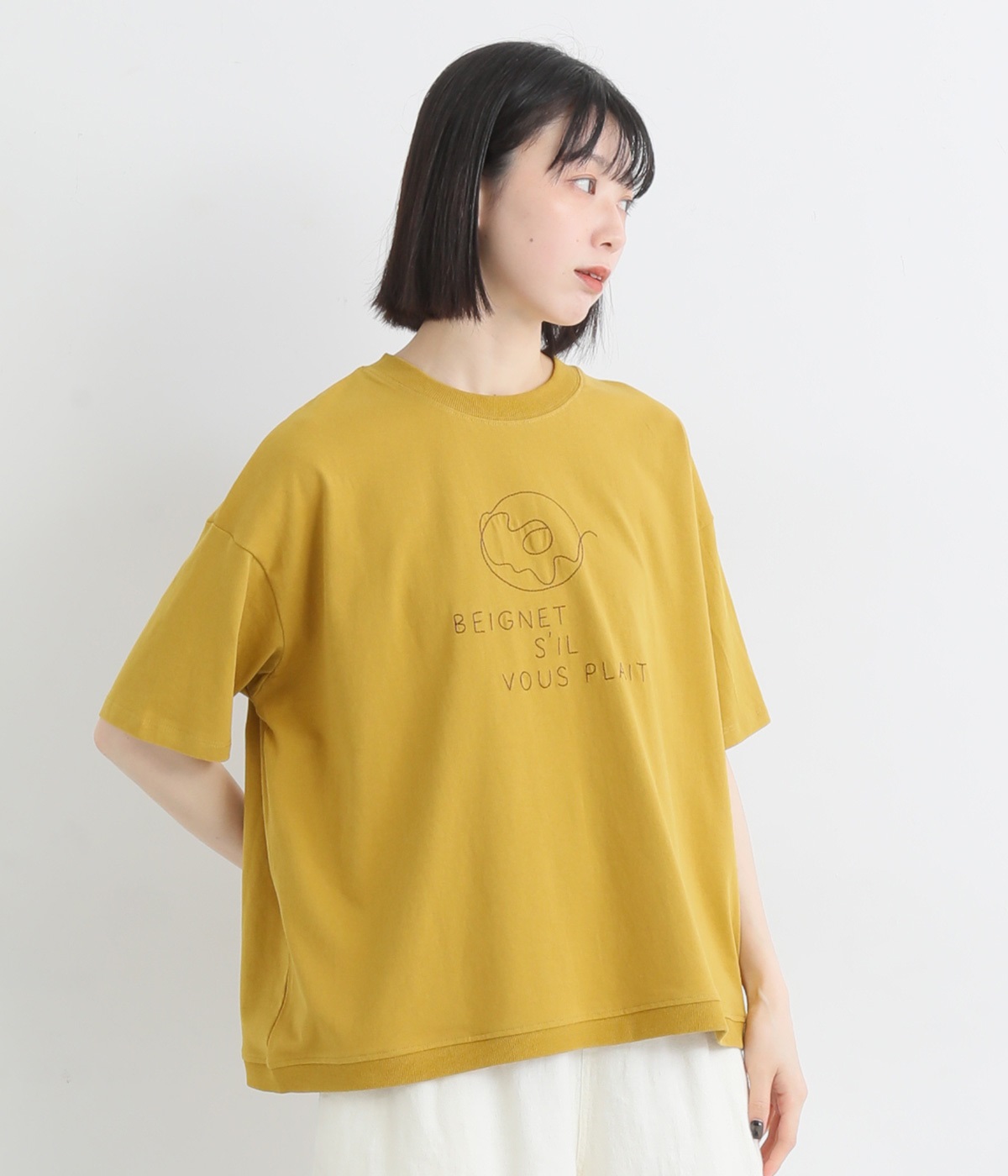 リサイクルコットン天竺フロント刺繍ワイドＴシャツ(マスタード-M)