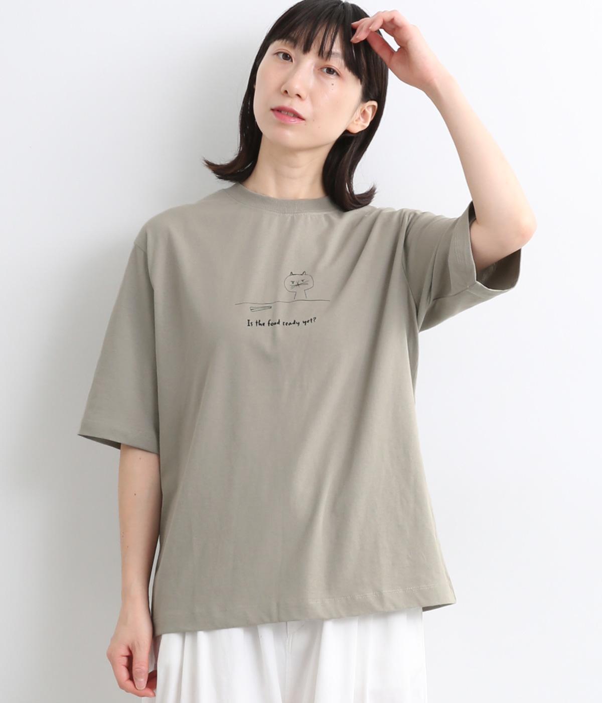 【接触冷感】コットン天竺ネコプリントTシャツ(グレー-ONESIZE)