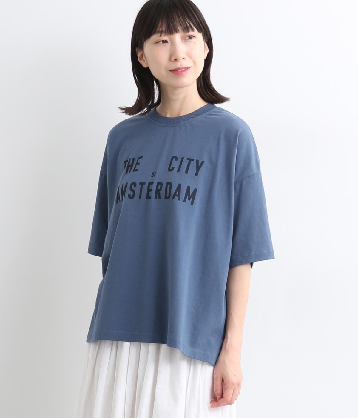 【接触冷感】コットン天竺AMSTERDAMプリントTシャツ(ブルー-ONESIZE)