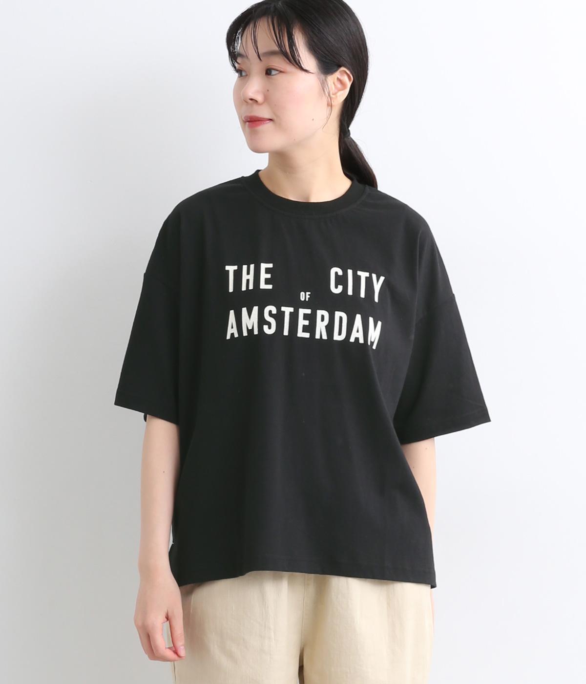 【接触冷感】コットン天竺AMSTERDAMプリントTシャツ(ブラック-ONESIZE)