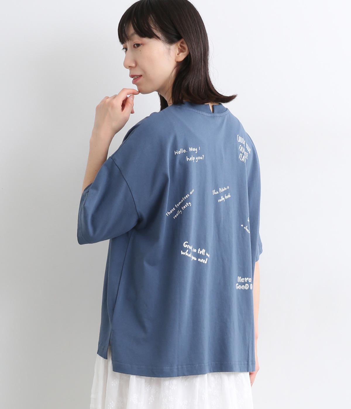 【接触冷感】コットン天竺メッセージ飛び柄前後プリントTシャツ(ブルー-ONESIZE)