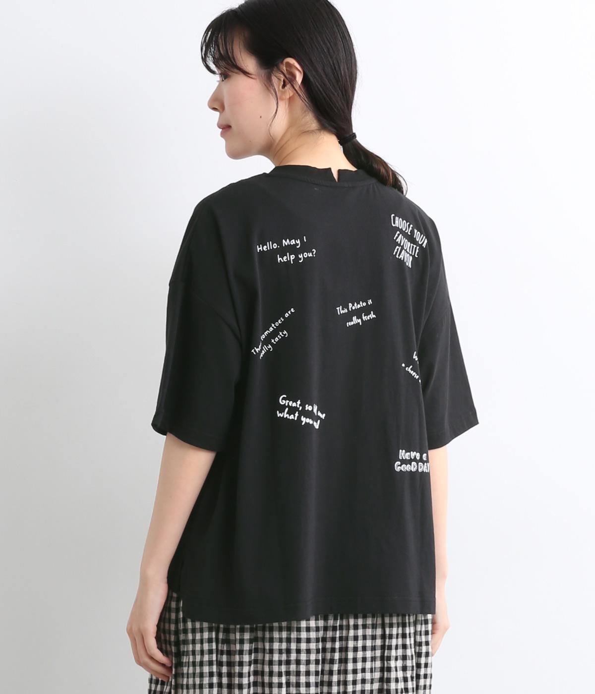 【接触冷感】コットン天竺メッセージ飛び柄前後プリントTシャツ(ブラック-ONESIZE)