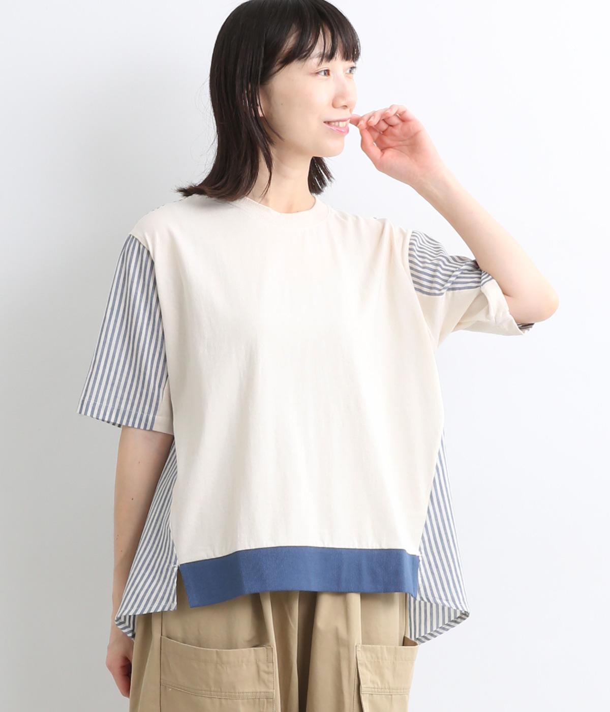 【接触冷感】コットン天竺ストライプ切替Tシャツ(キナリ-ONESIZE)