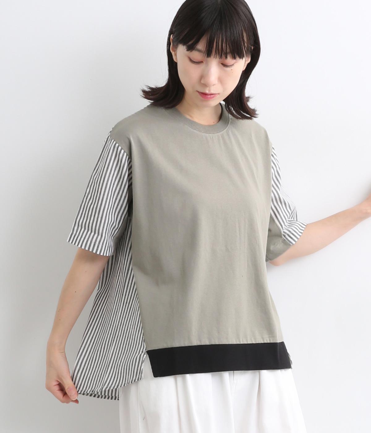 【接触冷感】コットン天竺ストライプ切替Tシャツ(グレー-ONESIZE)
