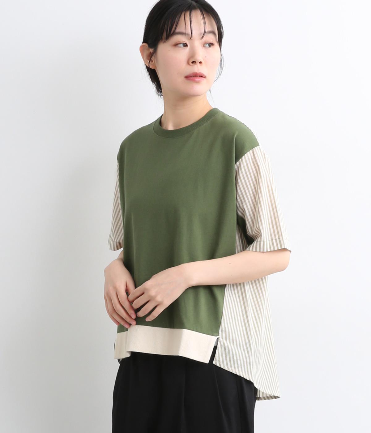 【接触冷感】コットン天竺ストライプ切替Tシャツ(グリーン-ONESIZE)