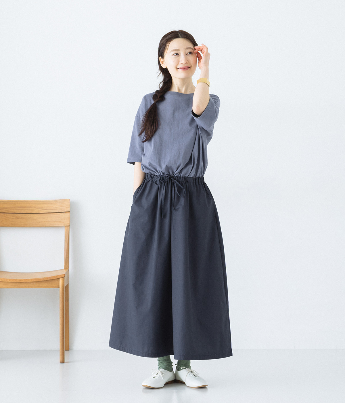 接触冷感 ライトヘビー天竺 異素材ドッキングワンピース(ダスティブルー×ネイビー-ONESIZE)