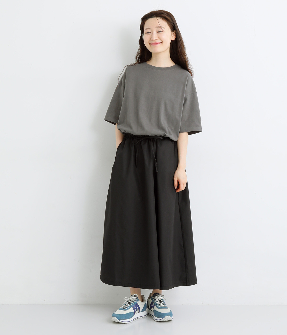 接触冷感 ライトヘビー天竺 異素材ドッキングワンピース(チャコール×クロ-ONESIZE)