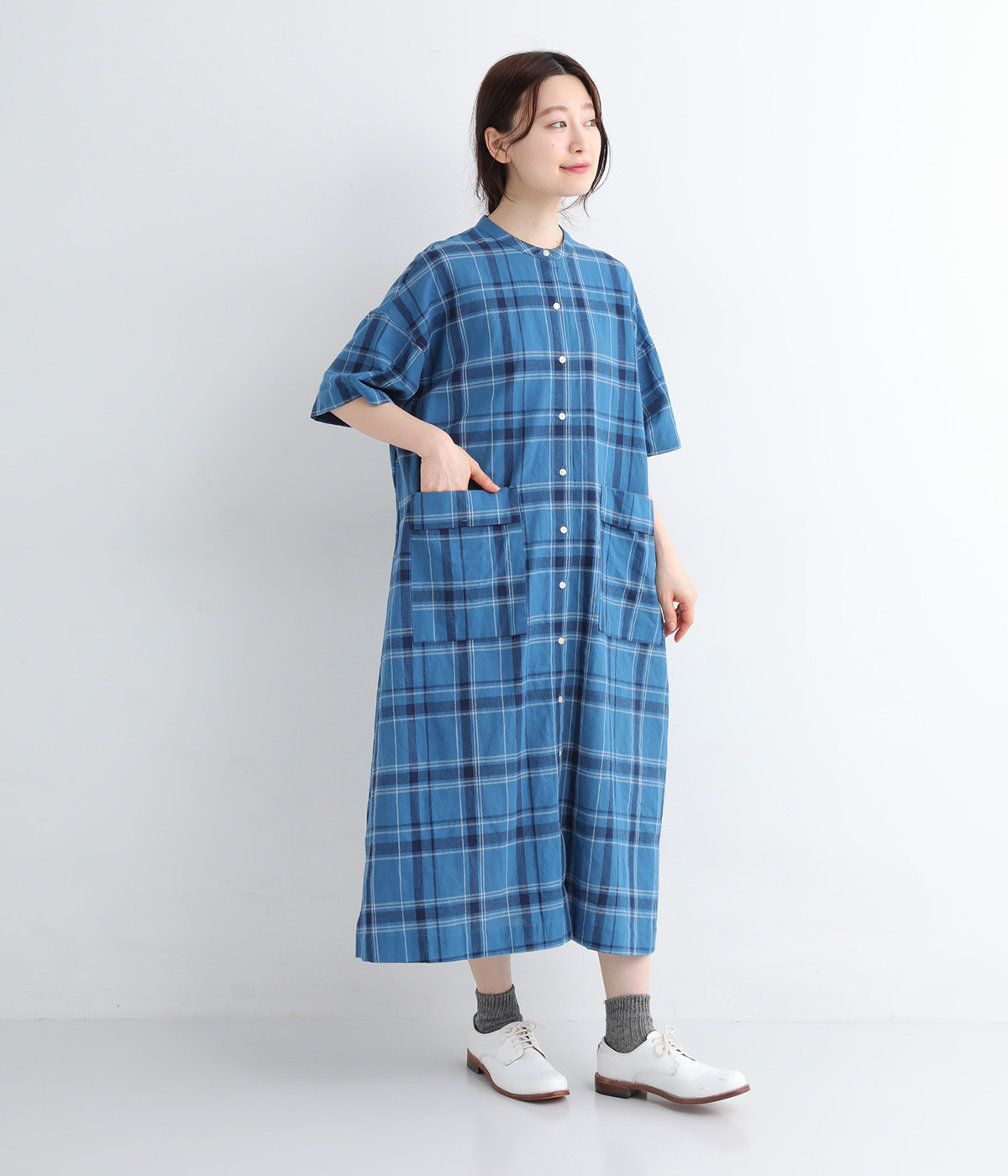 コットンリネンチェック シャツワンピース(ブルーチェック-ONESIZE)