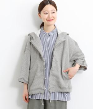 ガーゼ裏毛7分袖ワイドジップパーカ(杢グレー-F)