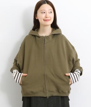 ガーゼ裏毛7分袖ワイドジップパーカ(カーキ-F)