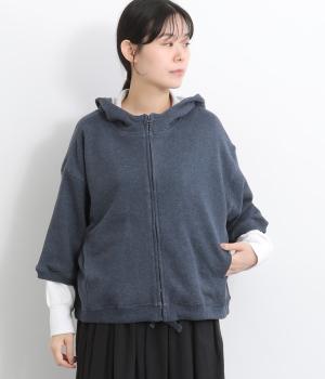 ガーゼ裏毛7分袖ワイドジップパーカ(杢ネイビー-F)