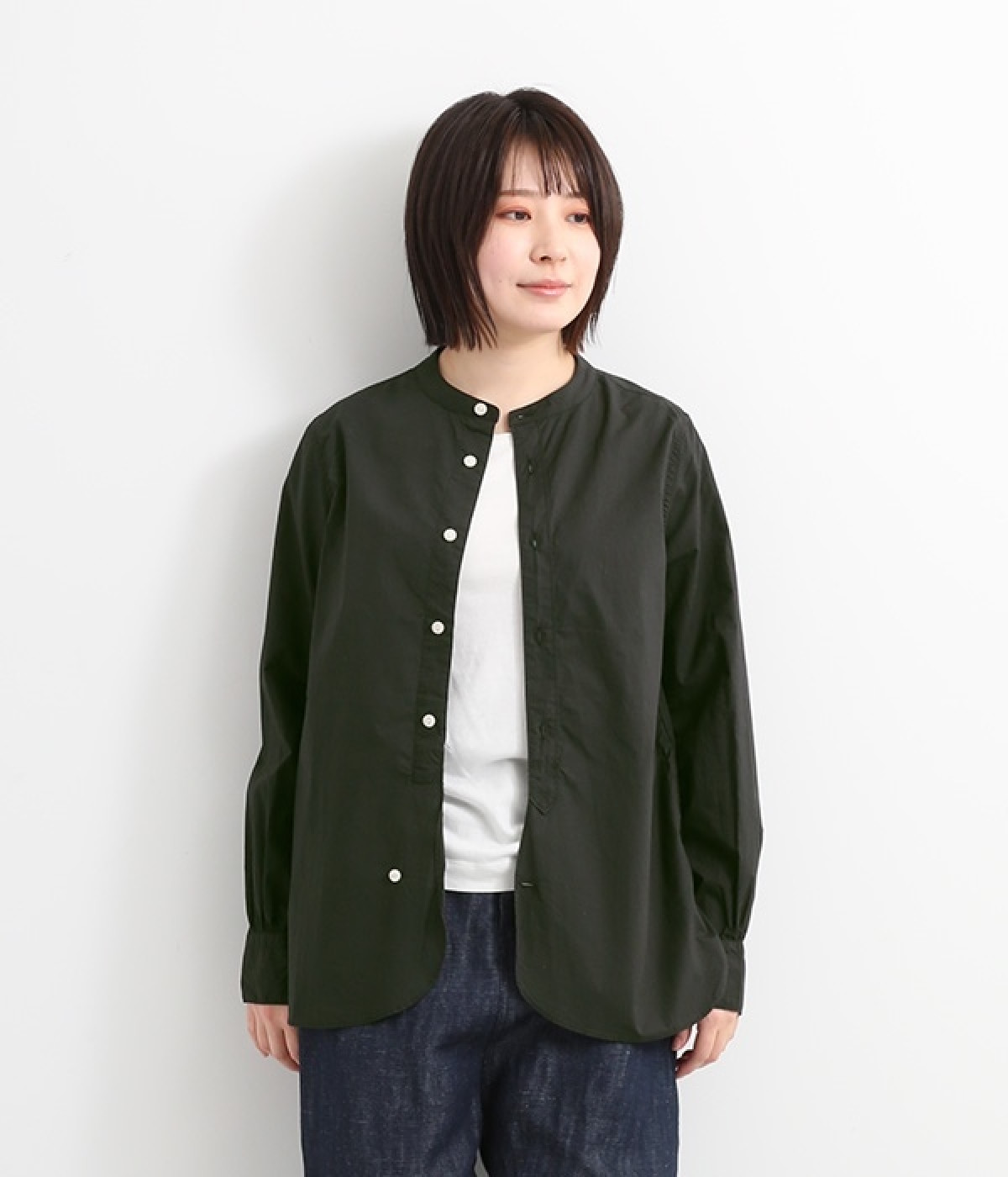 タイプライターラウンドヘムスタンドカラー長袖シャツ(ブラック-ONESIZE)