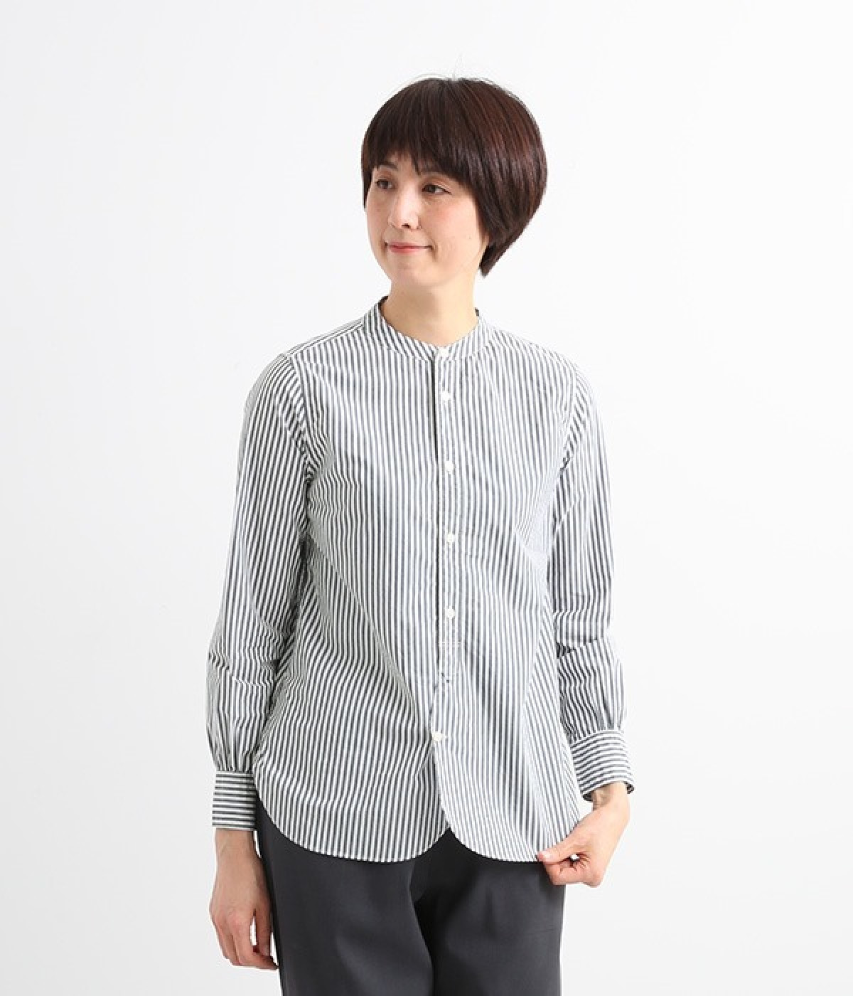 タイプライターラウンドヘムスタンドカラー長袖シャツ(ネイビーストライプ-ONESIZE)