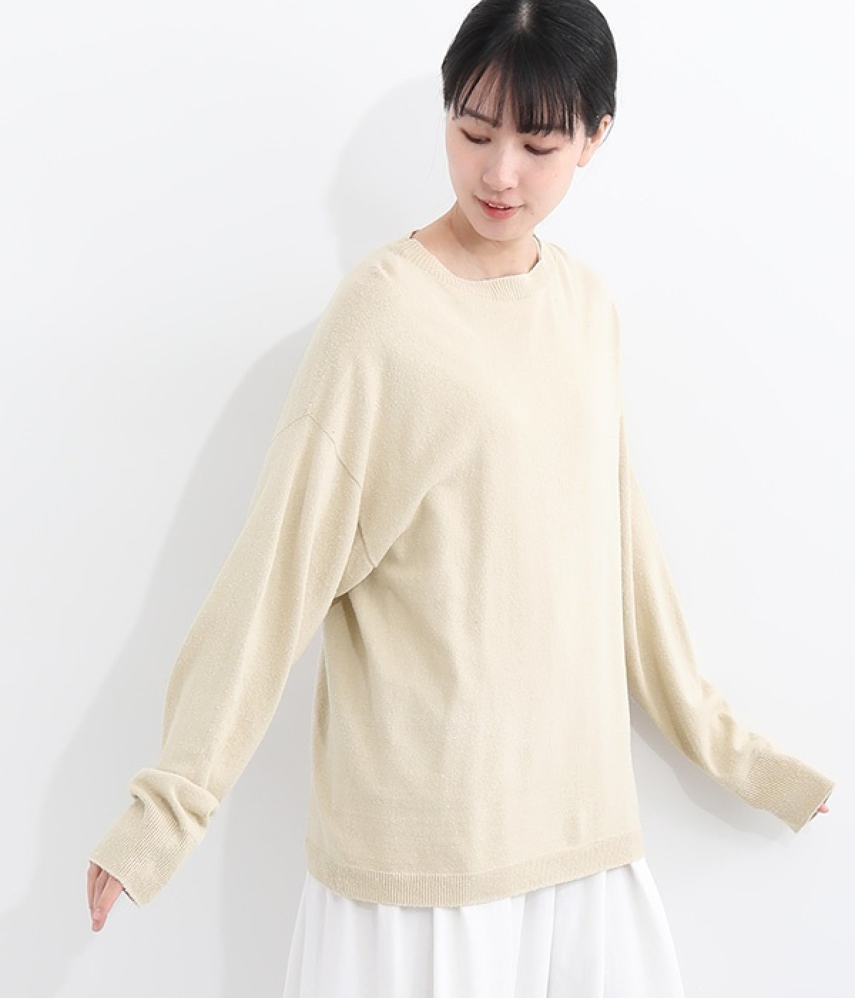 国産シルク100％ニット　ロングTシャツ(ベージュ-ONESIZE)