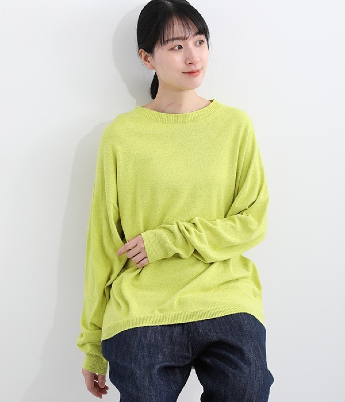 国産シルク100％ニット　ロングTシャツ(ライム-ONESIZE)