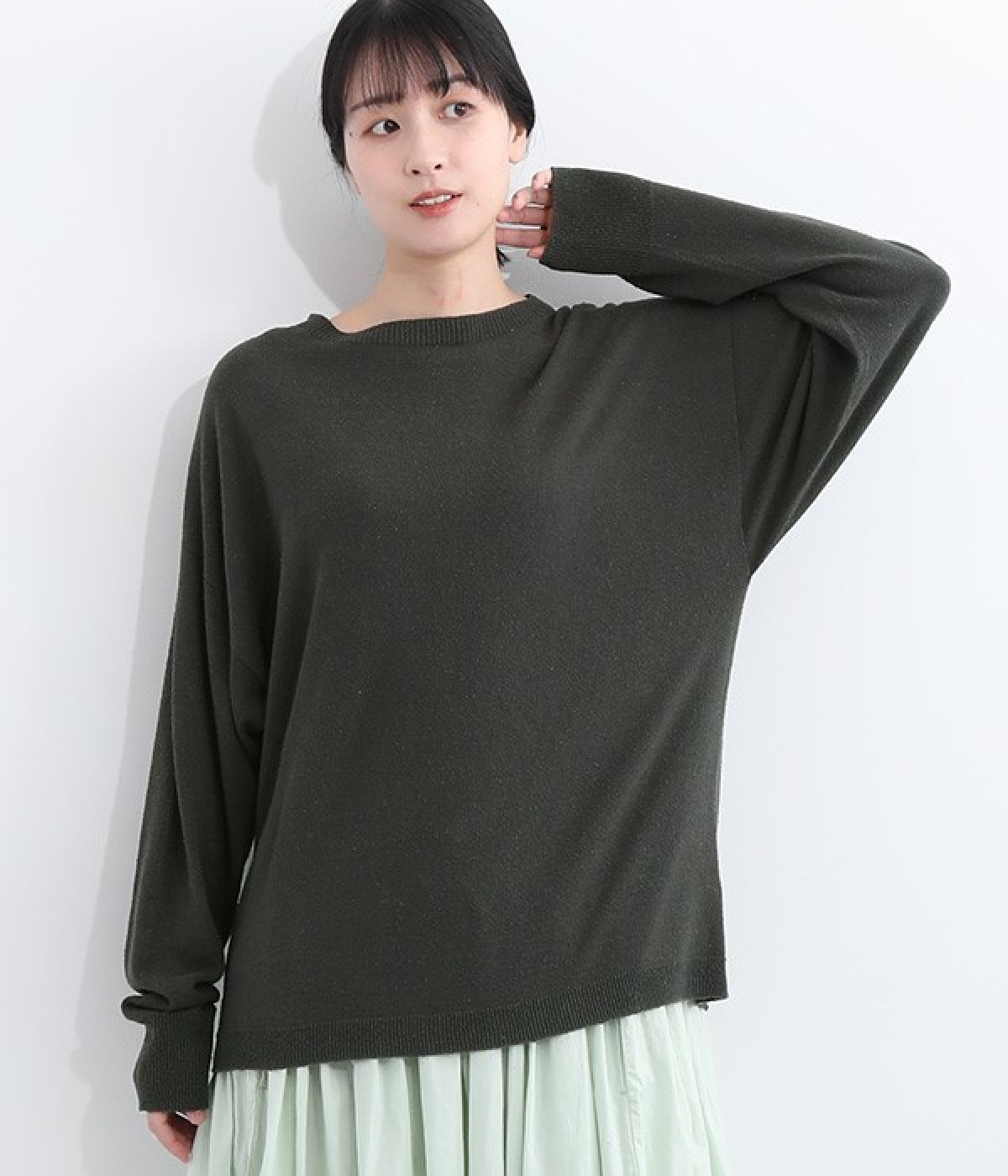 国産シルク100％ニット　ロングTシャツ(チャコール-ONESIZE)
