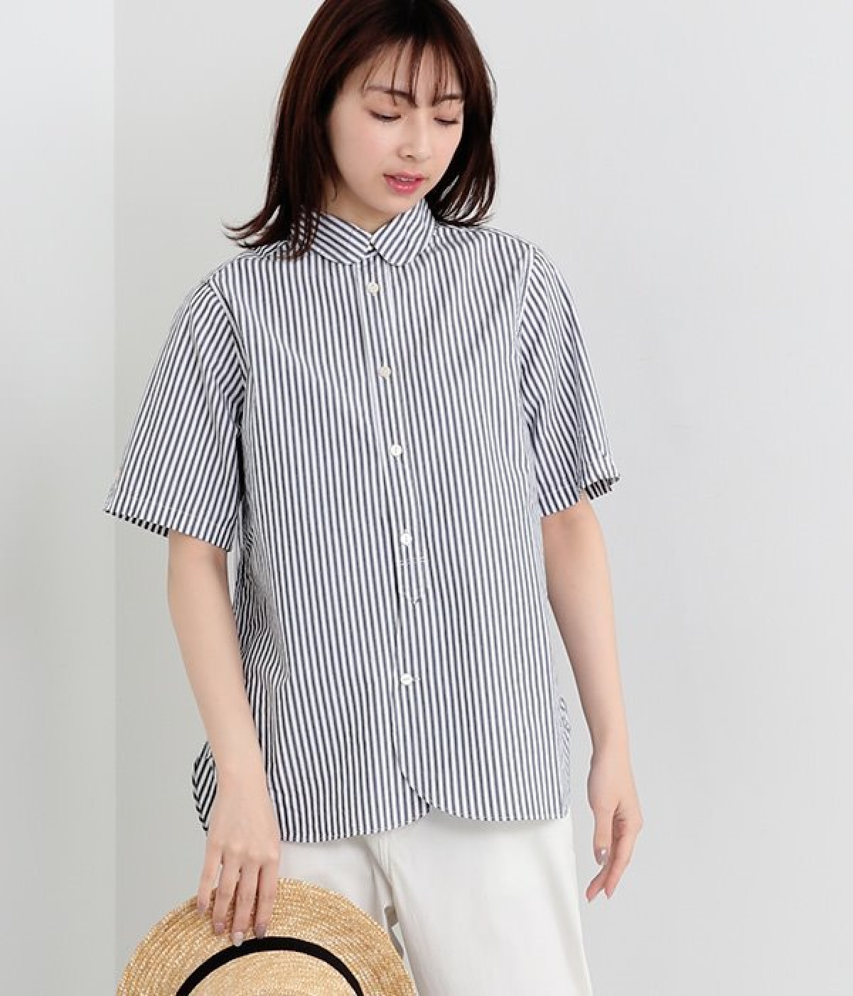 タイプライター　ちょっと丸襟シャツ半袖(ネイビーストライプ-ONESIZE)