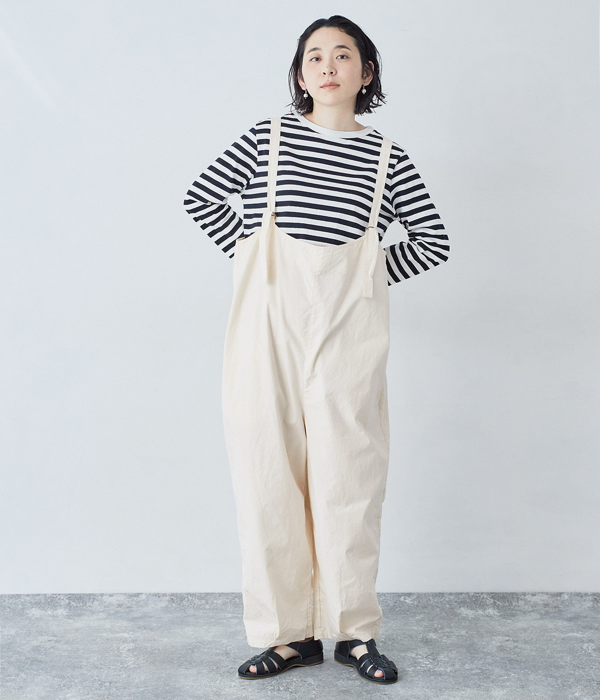 ダンプサンドウォッシュフィニッシュサルエルサロペット(エクリュ-ONESIZE)