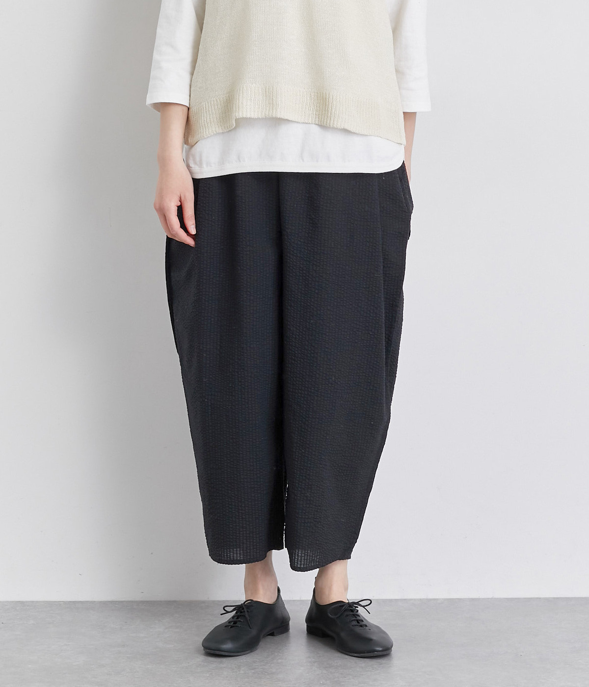 ローン塩縮加工サルエルコクーンパンツ(ブラック-ONESIZE)