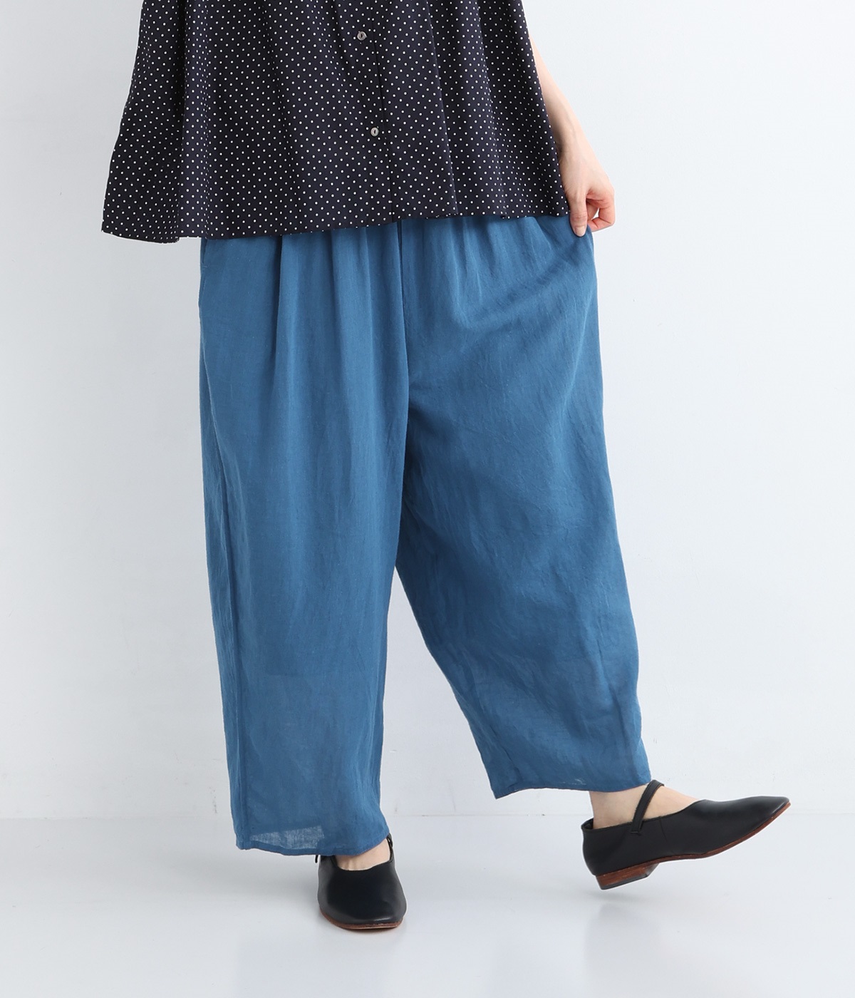 リネンコットンクロスサルエルワイドパンツ(ダークブルー-ONESIZE)