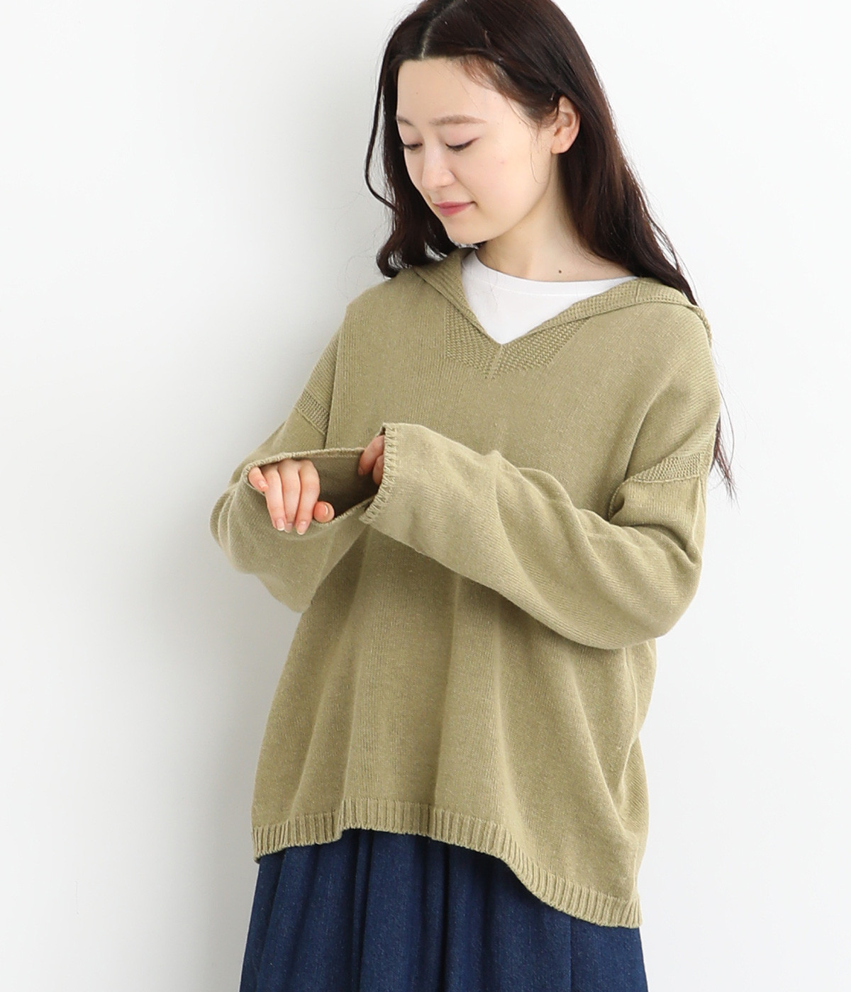 ヘンプコットンニットフードニットパーカ(カーキ-ONESIZE)