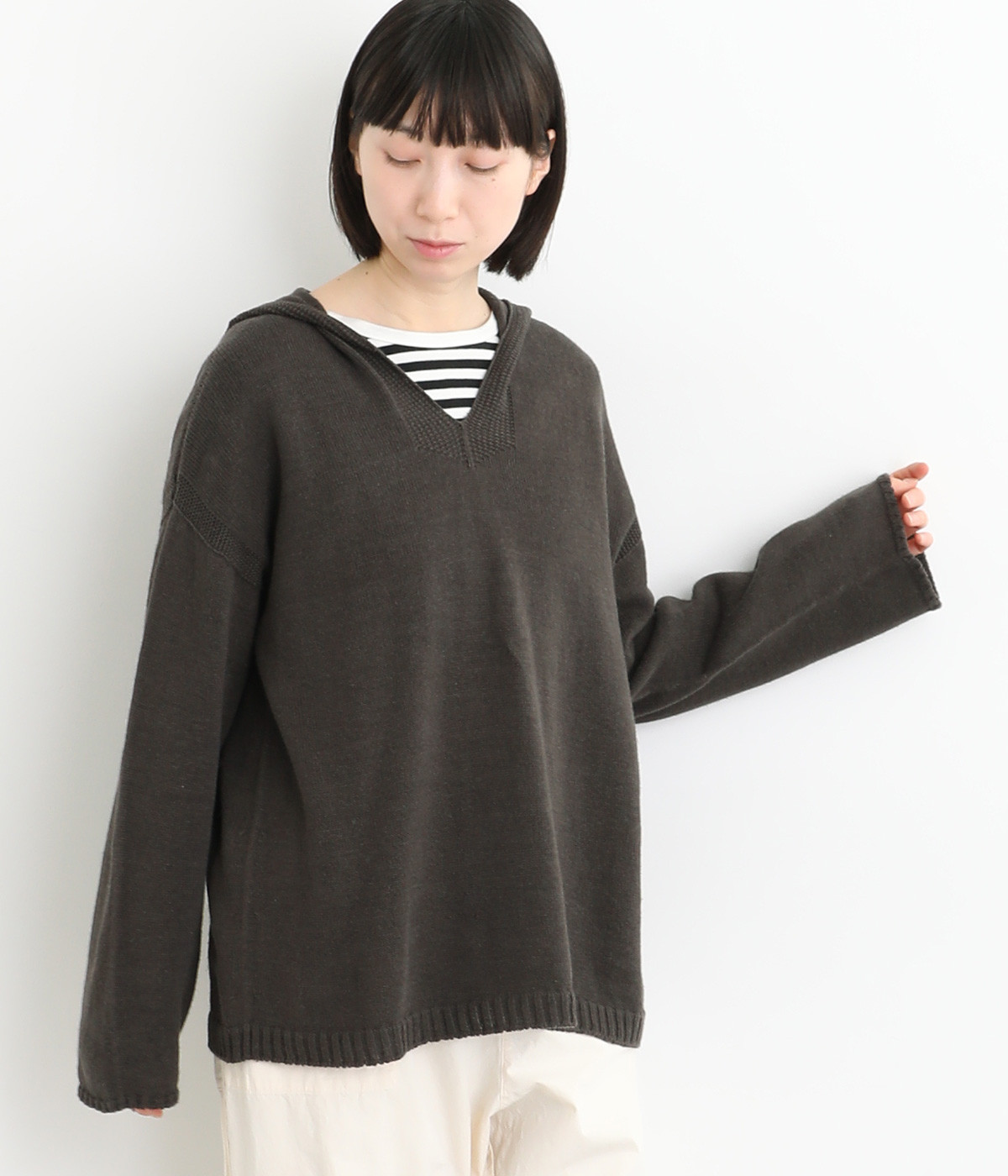 ヘンプコットンニットフードニットパーカ(スミ-ONESIZE)