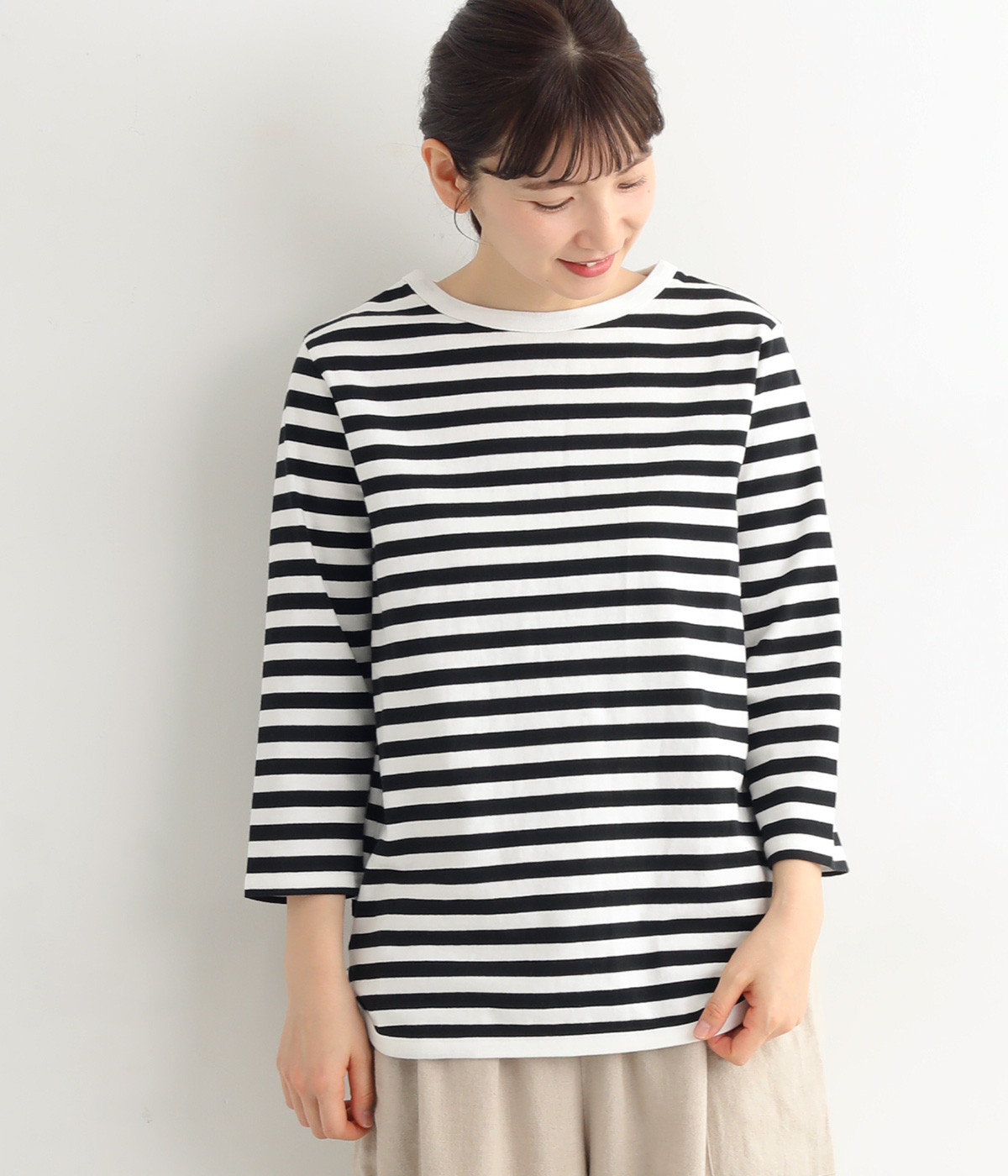 天竺七分袖Tシャツ(ホワイト×ブラック-ONESIZE)