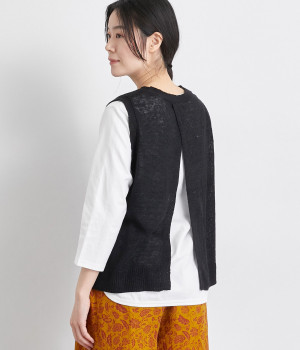 フレンチリネン100％ニット後ろ開きベスト(ブラック-ONESIZE)