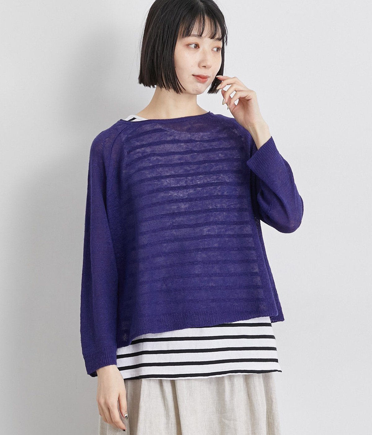 フレンチリネン100％ニットワイド2wayカーディガン(ナスコンブルー-ONESIZE)