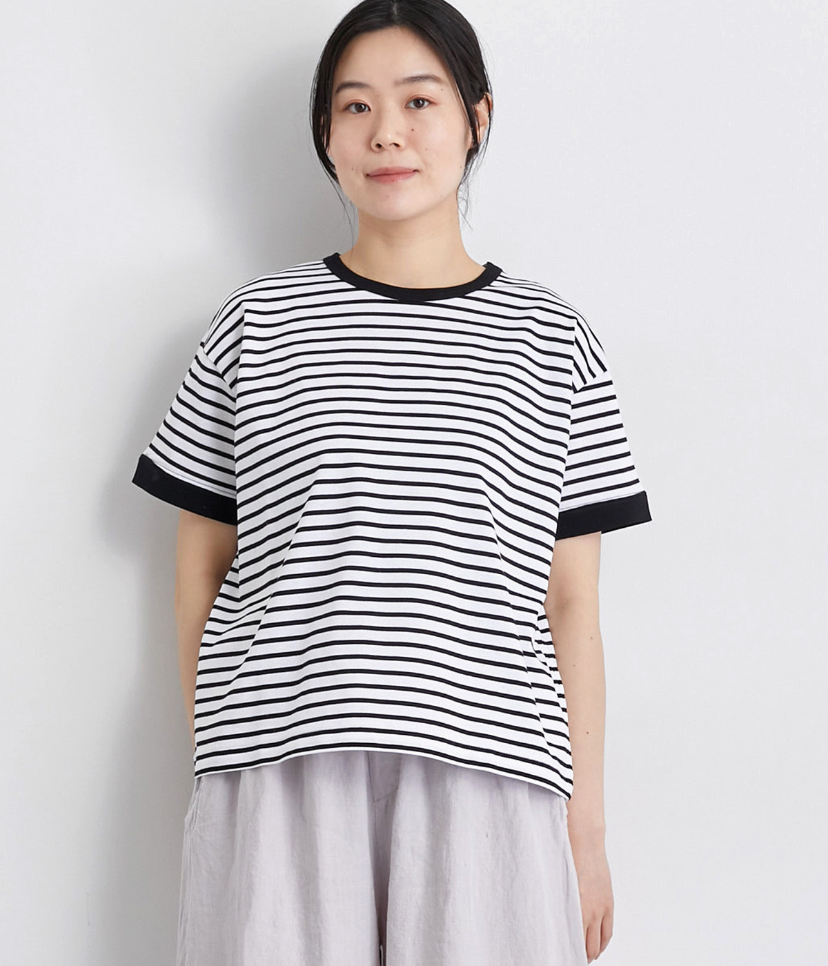 バスク天竺クルーネック半袖Tシャツ(ホワイト×ブラック-ONESIZE)