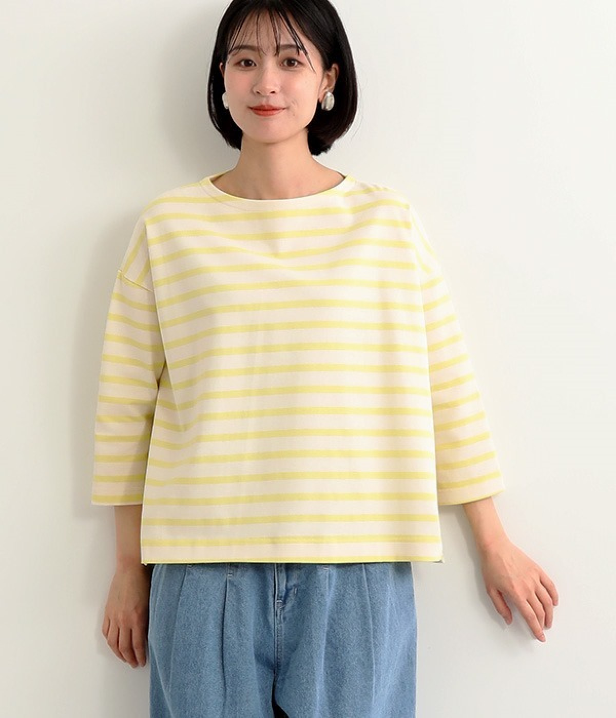 デラヴェジャージー　7分袖ボートネックワイドT(アイボリー×レモンイエロー-ONESIZE)