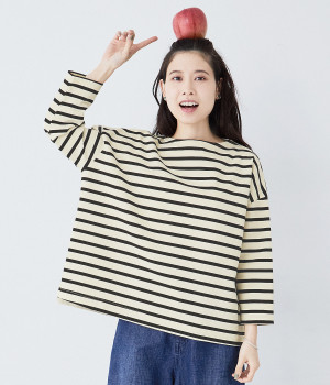 デラヴェジャージー　7分袖ボートネックワイドT(アイボリー×ブラック-ONESIZE)