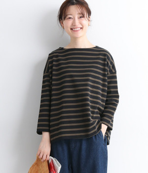 デラヴェジャージー　7分袖ボートネックワイドT(ブラック×ダークブラウン-ONESIZE)