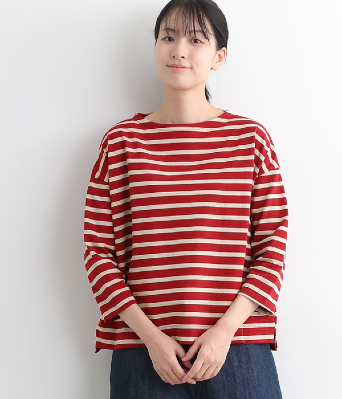 デラヴェジャージー　7分袖ボートネックワイドT(ベージュ×ワイン-ONESIZE)