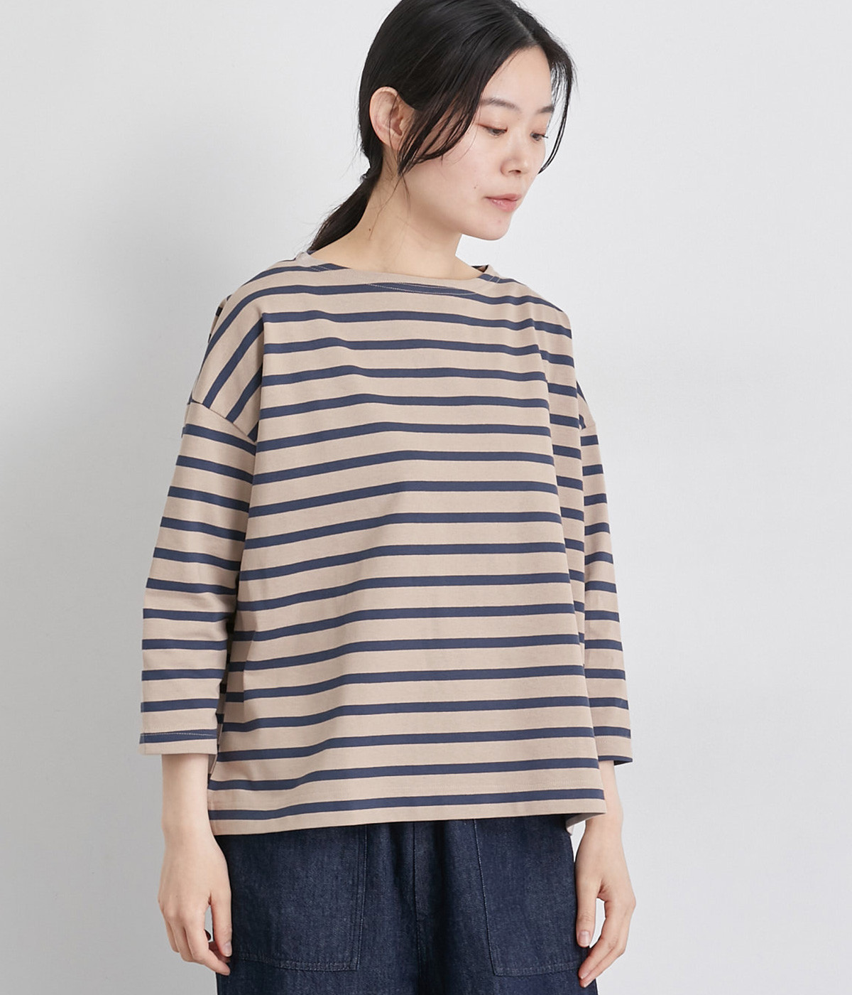 デラヴェジャージー　7分袖ボートネックワイドT(ベージュ×ブルー-ONESIZE)
